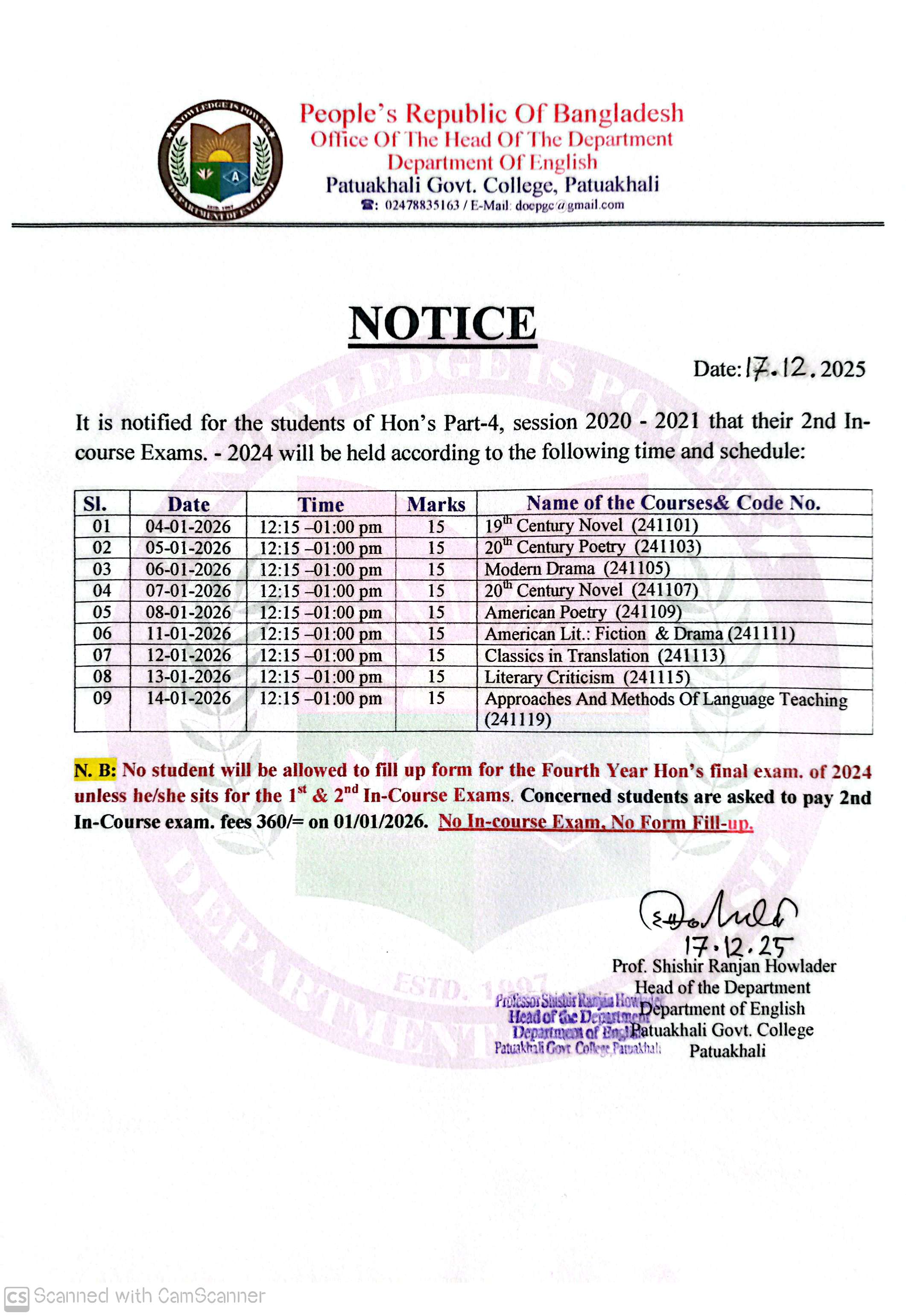 Honours 4th Year 2nd In-Course Exam -2024 Session. 2020-2021